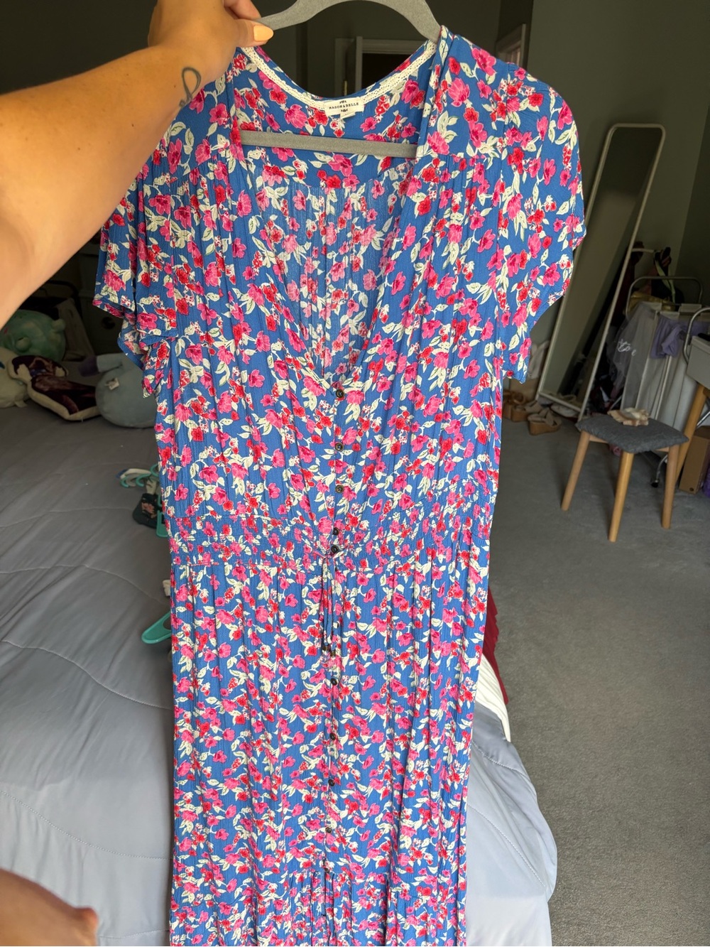 Mason & Belle Floral Button-Front Blue Maxi Dress with Pink Flowers